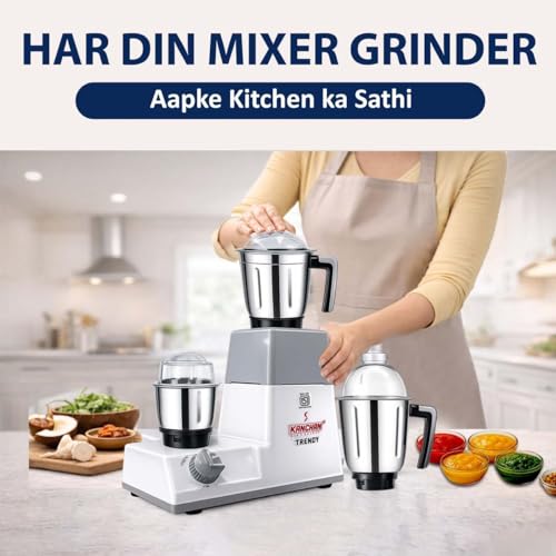 Image of Kanchan Trendy Mixer Grinder 750 watt with 3 Stainless Steel Jars (Chutney, Idli Batter, Puree, Dry Masala, Juices) Powerful Copper Motor with Overload Safety- ISI Certified with 5 Year Warranty
