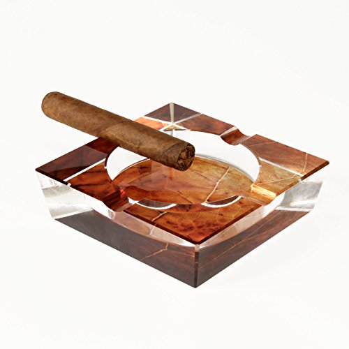 Quality Importers Tobacco Leaf Print Crystal Cigar Ashtray, For 4 Cigars, Custom Gift Box #TOP1