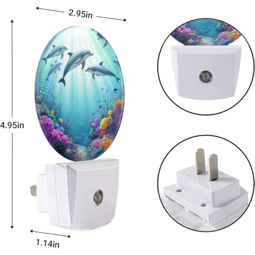 Image of EKOBLA Dolphin Night Light, Colorful Ocean Coral and Fish Night Lights Plug Into Wall with Auto Sensor for Coastal Bathroom Home Decor