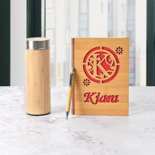 GKD Personalized Wooden Diary Combo - A5 Ruled Notebook with Custom Name, Bamboo Pen & Bamboo Bottle for Girls, Boys, Kids, Men & Women | Perfect for Office, corporate Gift & Personal Use (190 Pages)