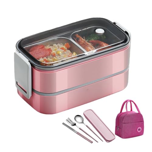 Tonain 断熱ボックス ステンレス スチール弁当箱 ランチジャー おかず容器 大容量 1400ml 二段式 お弁当箱 おしゃれ 軽量 漏れ防止機能付き 分格デザイン 携帯便利 ステンレス鋼製 電子レンジ対応の (ピンク)