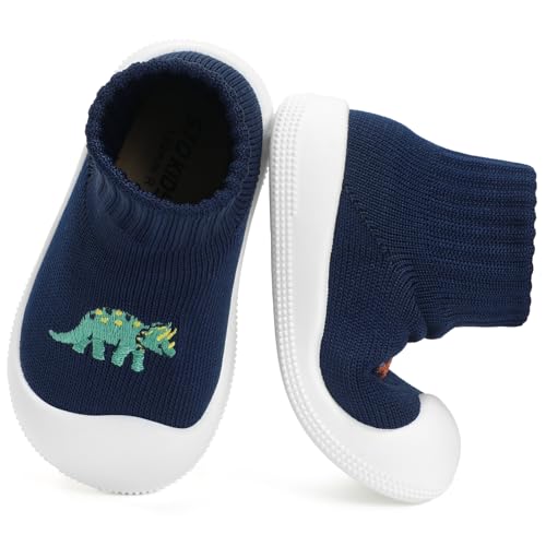 STQ Wide Toe Box Baby Sock Shoes Baby First Walking Shoes Infant Non-Slip Breathable Slippers with Soft Sole Toddler Boys Girls Slip On Barefoot Sneakers Navy Dinosaur 12-18 Months