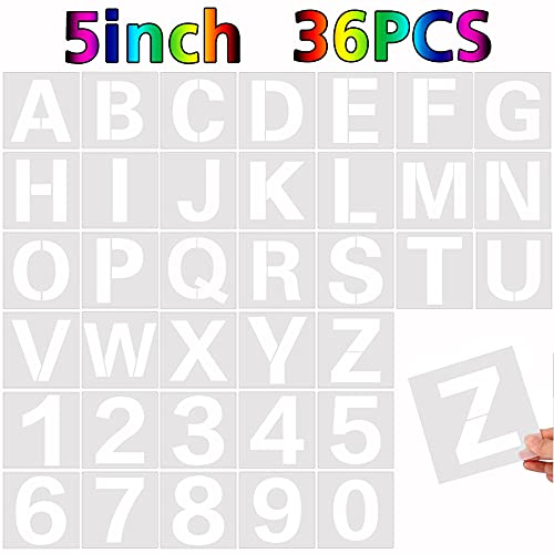 36 Pcs Large Alphabet & Number Stencils Reusable Letter Stencils for Painting on Wood Wall Fabric Rock Chalkboard Glass (5 Inches)