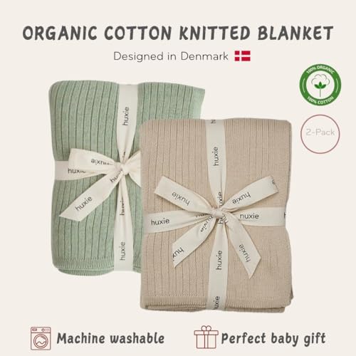 Image of 100% Organic Cotton Knit Receiving Baby Blanket for Newborns - Soft, Breathable Blanket for Crib & Stroller - Nursery Gift 2-Pack (Ribbed Fog /Roman Green)