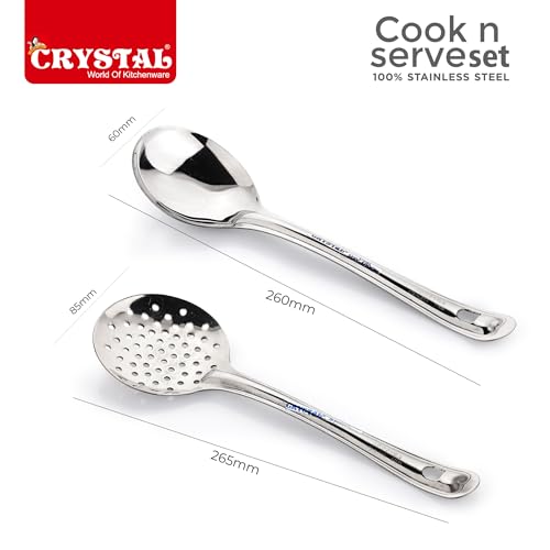 Image of Crystal Stainless Steel Cooking & Serving Spoon Set | 5 Pcs Set | Ladle,Oval Server,Skimmer, Spatula and Stand