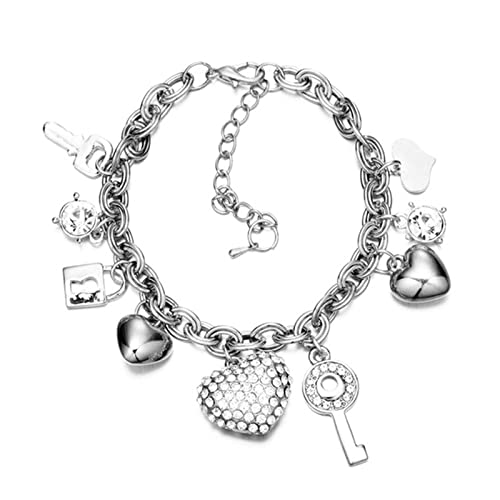 Love Heart Key Lock Star Crystal Bracelet Bangle Adjustable Chunky Thick Rhinestone Bead Link Chain Bracelet for Women Valentine's Day Jewelry Gift