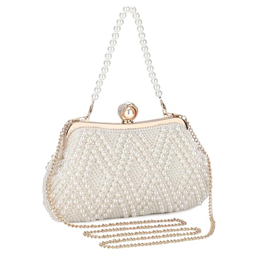 Image of UBORSE Women Pearl Clutch Bag Noble Crystal Beaded Evening Bag Wedding Clutch with Pearl Chain
