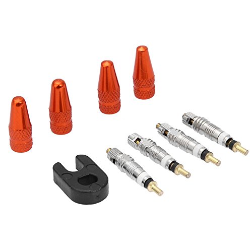 Prosperveil 4 Unids Presta Válvula Vástago Tapas + 4 Unids Válvula Cores + Llave Kit De Herramientas De Bicicleta (Rojo)