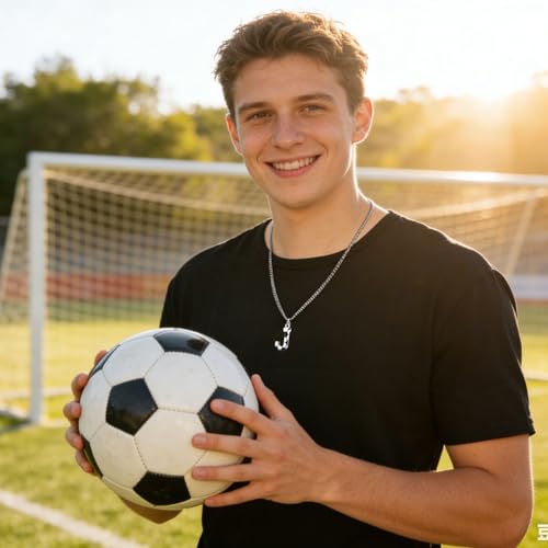 AIAINAGI Soccer Initial A-Z Letter Necklace for Men Soccer Charm Pendant Stainless Steel Silver Chain 22inch Personalized Soccer Gift for Men(J) - Thumbnail 4