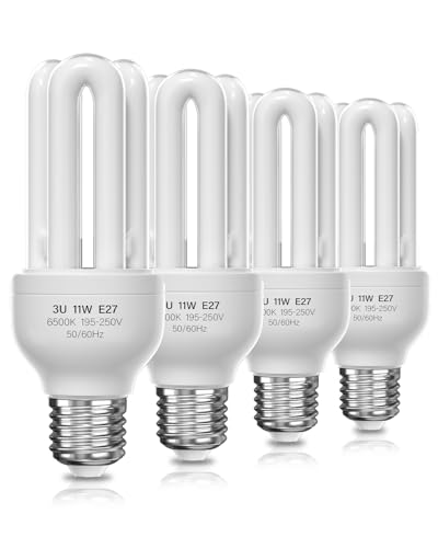 BrightArk 4 Pack Energy Saving Light Bulbs 11W Screw in E27 ES CFL Low Energy Light Bulbs 11W=60W, Daylight White 6500K 3U CFL Compact Fluorescent Stick Bulbs, Non-Dimmable