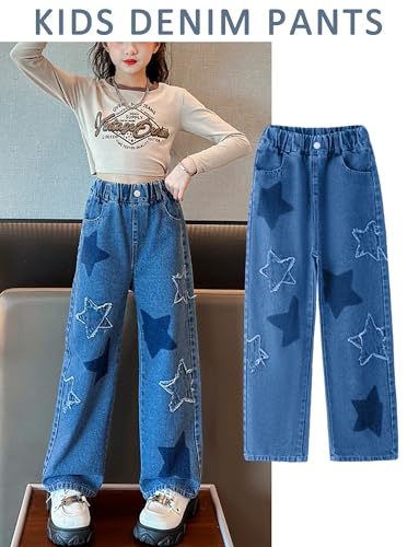 SEAUR Kids Girls Denim Jeans Elastic High Waist Blue Cargo Pants with Pockets Straight Wide Leg Trousers4