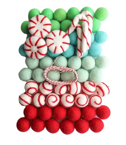 Mini Felt Factory | Felt Ball DIY Christmas Garland Wool 60 Poms 1in Red Green White Seasonal Home Decor Candy Cane Peppermint Ornaments | 10 Feet String Craft Supplies