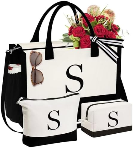 YOOLIFE Gifts for Women - Initial Canvas Tote Bag & Makeup Bag, B...
