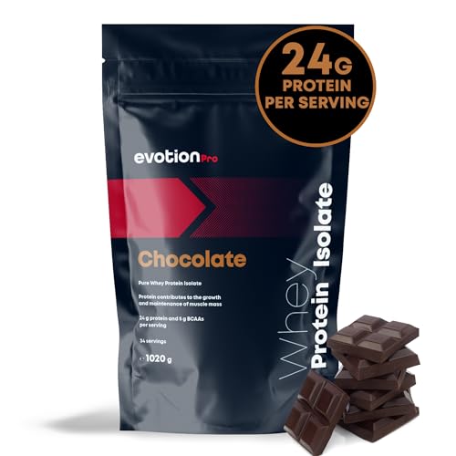 EVOTION PRO - Whey Protein Isolate 1020g - 24g Proteína - 5g BCAA - Proteína Isolada en Polvo - Pre y Post Entreno - Bajo en Lactosa y Grasas - Sabor Chocolate (34 porciones)