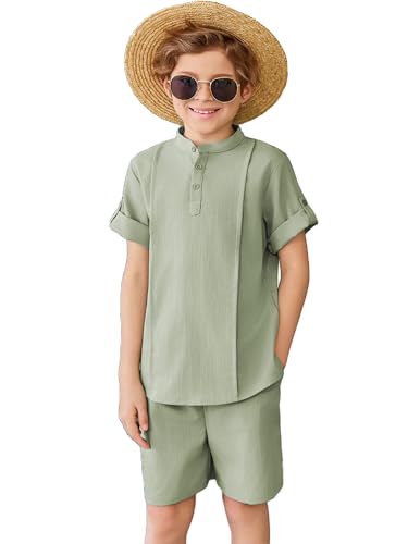 Image of Arshiner Boy's 2 Pieces Linen Sets Short Sleeve Henley Shirt and Shorts Summer Beach Matching Outfits 4-12 Years