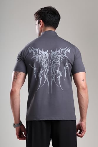 Image of GROW Stylish Gym T Shirts for Men Workout | Cotton and Spandex Quarter Zip Back Printed Collar T Shirts for Men Half Sleeves