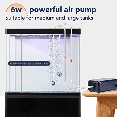 hygger Aquarium Air Pump,Adjustable Oxygen Pump,Silent Powerful Aerator Pump 2W/3W/4.5W/6W/ 2 Air Outlets Ultra for Up to 100 Gallon Tank (6W) with Accessories