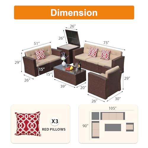 Super Patio 8 Pieces Outdoor Patio Furniture Set, Wicker Patio Conversation Sets with Storage Box, Rattan Outdoor Sectional Sofa Set with Cushions and Coffee Table for Outside Porch, Deck, Brown