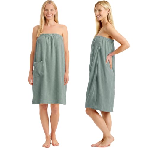 CalmySPA Leicht Frottee Saunakilt Damen - Saunahandtuch Baumwolle mit Gummizug und Knopf Saunakleid Saunatuch Sauna Handtuch Kleid Frauen Kilt (Jade)