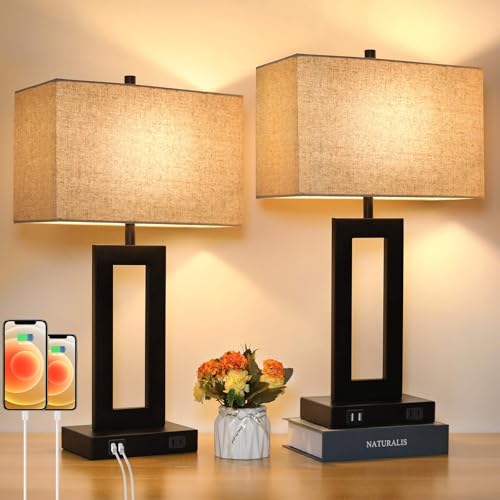 Set of 2 Touch Control Table Lamp with 2 USB Ports, 3-Way Dimmable Modern Nightstand Lamp Sets...
