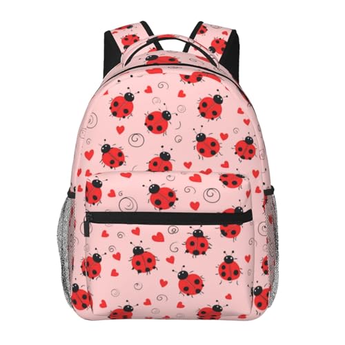 TRYYN Red Ladybug Casual Backpack Lightweight Laptop Bag Daypack Hearts and Swirls Pink Backpacks for Women Men Teens Students Whimsical Polyester Bookbag Gifts for School Work Travel Hiking