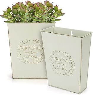 Belle Vous 2 Pack Rustic White Metal Flower Wall Planter Vases - H22cm / 8.66 Inches - Galvanised Vintage Shabby Chic Farmhouse Plant Pots - Decorative Vases for Home Decor & Garden Flowers