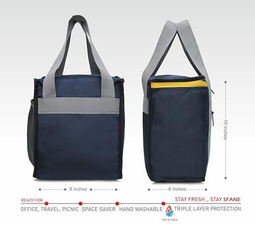 Image of Sfane Blue Insulated Navy Blue 9.50 inches Lunch Bag - Compact, Easy Wash, Smooth Zipper & Lightweight - Tote Bag & Container, Tiffin Bag for Men, Women, Adults (1000 Milliliter)