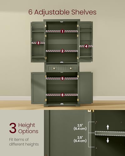 Image of VASAGLE Pantry Cabinet, 15.7 x 30 x 71.7 Inches, Freestanding Tall Cupboard Storage Cabinet with a Drawer, 2 Cabinets, 6 Adjustable Shelves, for Living Room, Kitchen, Forest Green UBBK561C01
