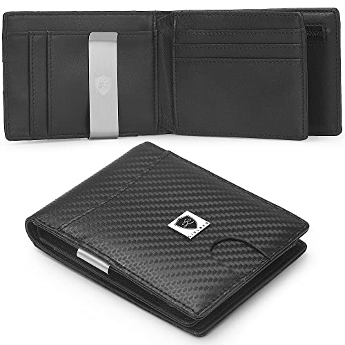 LIVLOKO Mens RFID Wallet with Coin Pocket and Money Clip - Slim, Thin Design - Perfect 21st Birthday Gift for Men with Gift Box, Rfid Moneyclip 10 Card - Carbon Black, Minimalist