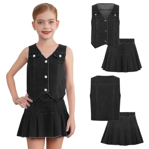 Aislor Kids Girls Asymmetrical Hem Denim Vest Button Down Crop Tops Jeans Waistcoat Gilets with Pleated Denim Skirt Set4
