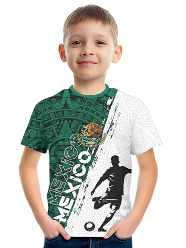 REVENEVER Mexico Kids Soccer Jersey for Boys Girls Mexican Aztec Print Football Training Shirt Uniform Sport Casual T Shirt for Soccer Fans