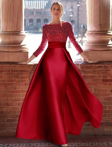 Sequin Satin Prom Dress Long Sleeve Ball Gowns Boat Neck A Line Formal Evening Gown for Women with Skirt2