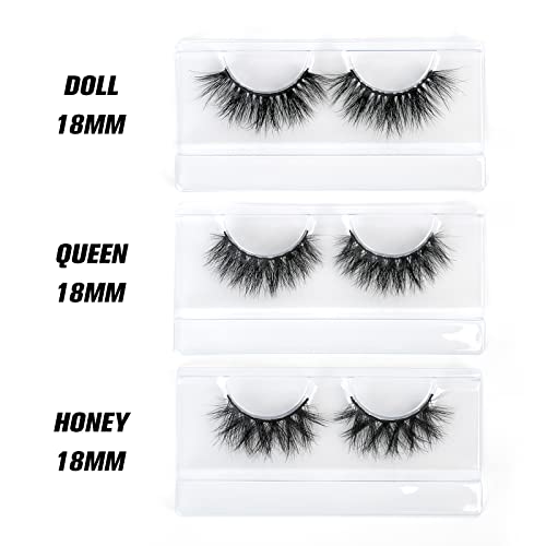18mm Mink Lashes Natural Look 3D Real Mink Eyelashes Fluffy False Eyelashes Wispy Handmade Luxury Volume Fake Eye Lashes (3 Pairs, Doll Honey Queen)