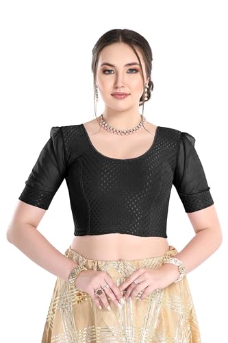 Image of FINESTFIT Stay On Trend Fashion 100% Cotton Readymade Blouses for Women,Round Neckline with Organza Balloon Sleeves.