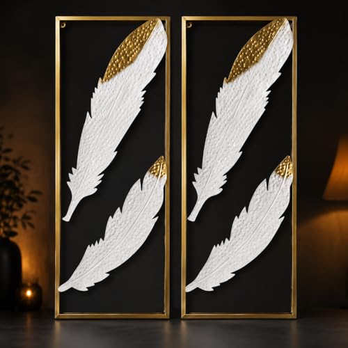 Image of iHandikart Metal Wall Art for Living Room, Set of 2 Feather Wall Decor Panels, Modern Luxury Iron Wall Sculpture, Gold White Wall Hanging for Home Decor, Bedroom, Hallway & Office, 36 * 12 inch Each