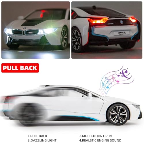 Image of Invite Enterprise 1:24 Diecast Model Alloy Bmw I8 Metal Pull Back Car With Sound & Light, 4 Openable Doors, Toy Vehicles For Kids Gift[White]