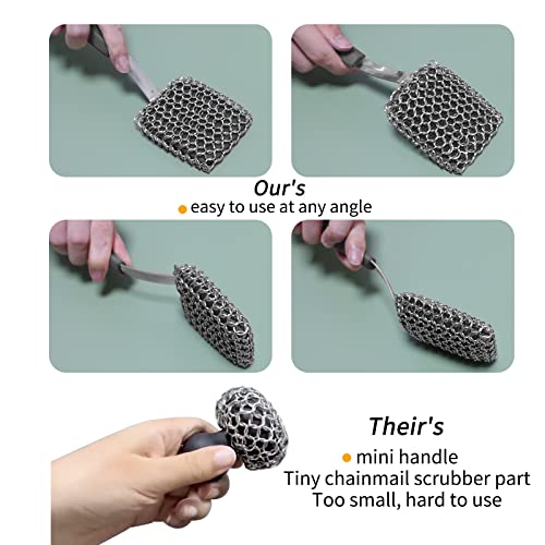 Image of Cast Iron Scrubber Brush with Handle Cast Iron Cleaner Chainmail Scrubber + Pan Scraper, 316 Chain Maille to Clean Pan Pot Skillet Grill Griddle Metal Scrub Wok Scrub Carbon Dutch Oven Carbon Cleaning