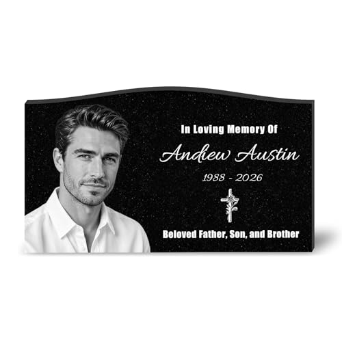 Image of Personalized Granite Memorial Stone, Custom‑Engraved Grave Marker w / Photo