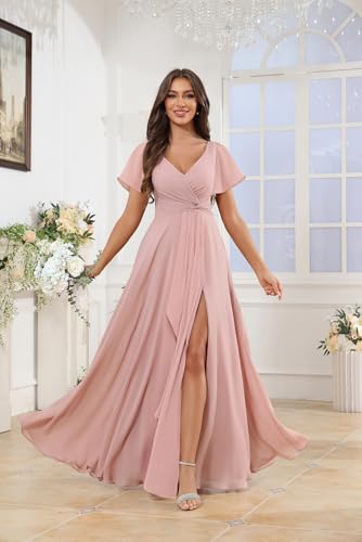 Women's Flutter Sleeve Bridesmaid Dresses for Wedding with Ruffle Chiffon V-Neck Evening Formal Gown with Slit2