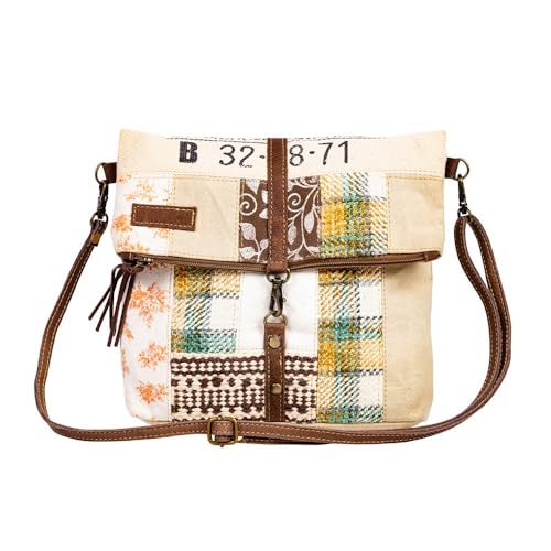 Myra Bag Crossbody Bag for Women - Western Upcycled Canvas & Leather Shoulder Handbag Beige