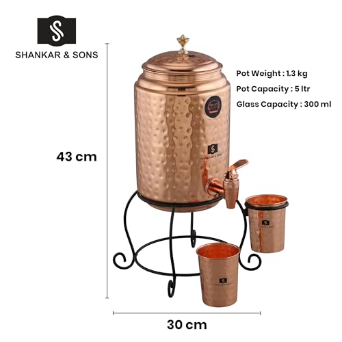 Image of SHANKAR & SONS 5 Litre Copper Water Dispenser Pot with Black Iron Stand and 2 Glasses | Hammered Texture, Non-Toxic, BPA Free with Added Health Benefits Traditional Matka for Drinking Water