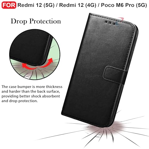 Image of CEDO Flip Cover for Redmi 12 (5G) / Redmi 12 (4G) / Poco M6 Pro (5G) | Leather Finish | Inside Pockets & Inbuilt Stand | Shockproof Wallet Style Magnetic Closure Back Case Flipcover (Black)