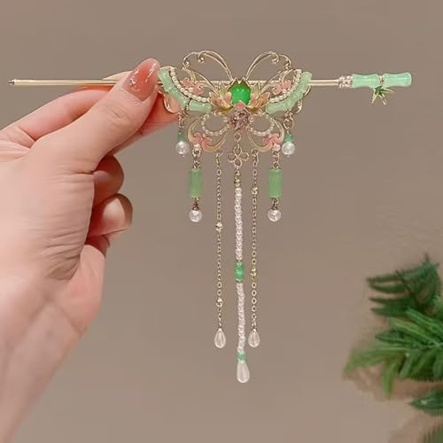 Image of Ashkash 1pc Traditional Chinese Butterfly Hairpin for Women, Elegant Metal Hair Stick with Dangling Chains and Beads, Fashionable Hair Accessory for Festive Occasions