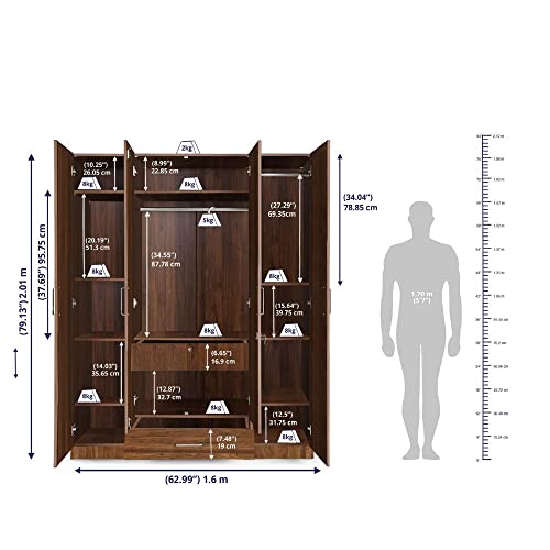 Image of Wakefit Wardrobe | 1 Year Warranty | Engineered Wood Almirah, Cupboard for Clothes Storage | 4 Door, 1 Drawer, 2 Hanging Space | Cashmere - Columbian Walnut