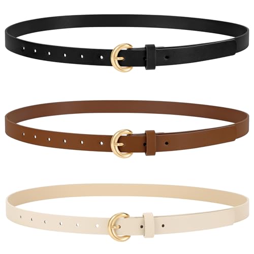 WERFORU 3 Pack Women Skinny Belt Thin Waist Belt for Women Leather Belt with Gold Buckle for Jeans Pants Dress 0.74