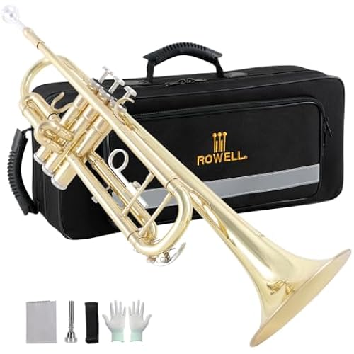 ROWELL Bb Trumpet Student Trumpet Standard Trumpets Set with Hard Case, Stand,7C Mouthpiece, Gloves for Beginner, Advanced Students and Adult Gold