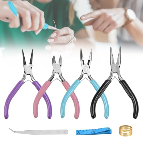 CAREDGO 4 PCS Pinces à Bijoux Ensemble de Pinces à Bec Rond Pinces à Bijoux Fabrication de Bijoux Coupe-Fil Petite Pince à Bec Effilé Ensemble de Pinces à Bijoux pour la Réparation de Bijoux