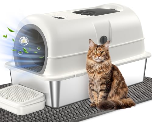 OROLEY XXXL Stainless Steel Cat Litter Box with Lid Extra Large Enclosed Metal Litter Box for Big Cats High Sides Prevent Leaks & Odors Non-Stick Easy Clean Includes Scoop & Step