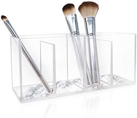 Isaac Jacobs 4-Compartment Clear Acrylic Organizer- Makeup Brush Holder- Storage Solution- Office, Bathroom, Kitchen Supplies and More (Marble)