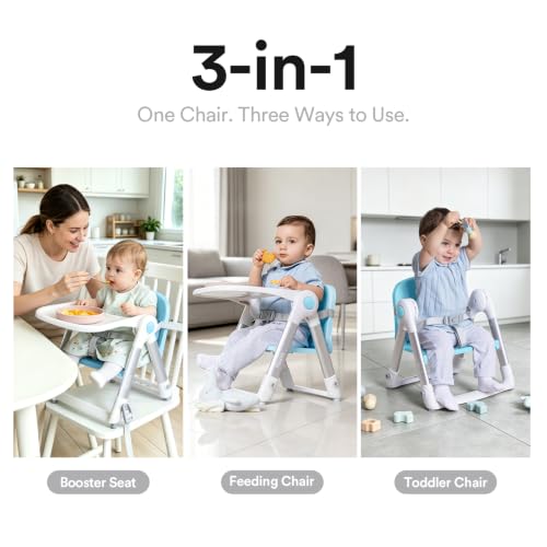 Image of Apramo 3-in-1 Toddler Booster Seat for Kitchen Chair & Dining Table with Removable Tray and Safety Straps, Portable& Foldable Babies Chair for Table, Feeding, Floor & Travel, Blue